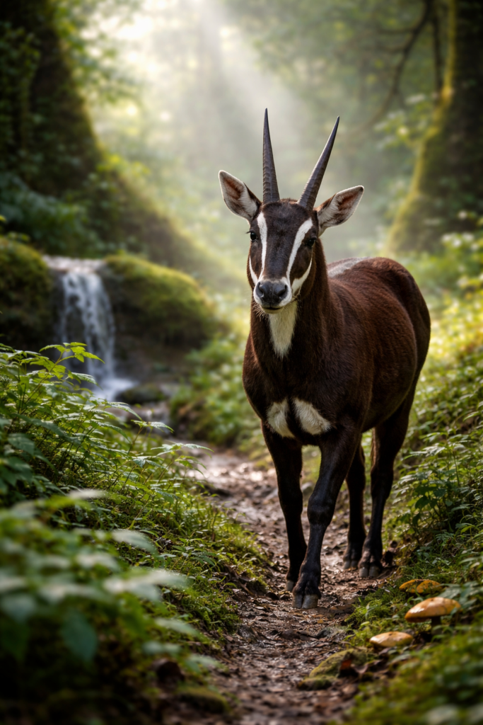 Saola, mammifère rare surnommé la licorne d’Asie, marchant discrètement dans la forêt tropicale d’Asie du Sud-Est avec des cornes droites et des marques blanches sur le visage, illustrant son habitat naturel et son comportement secret.